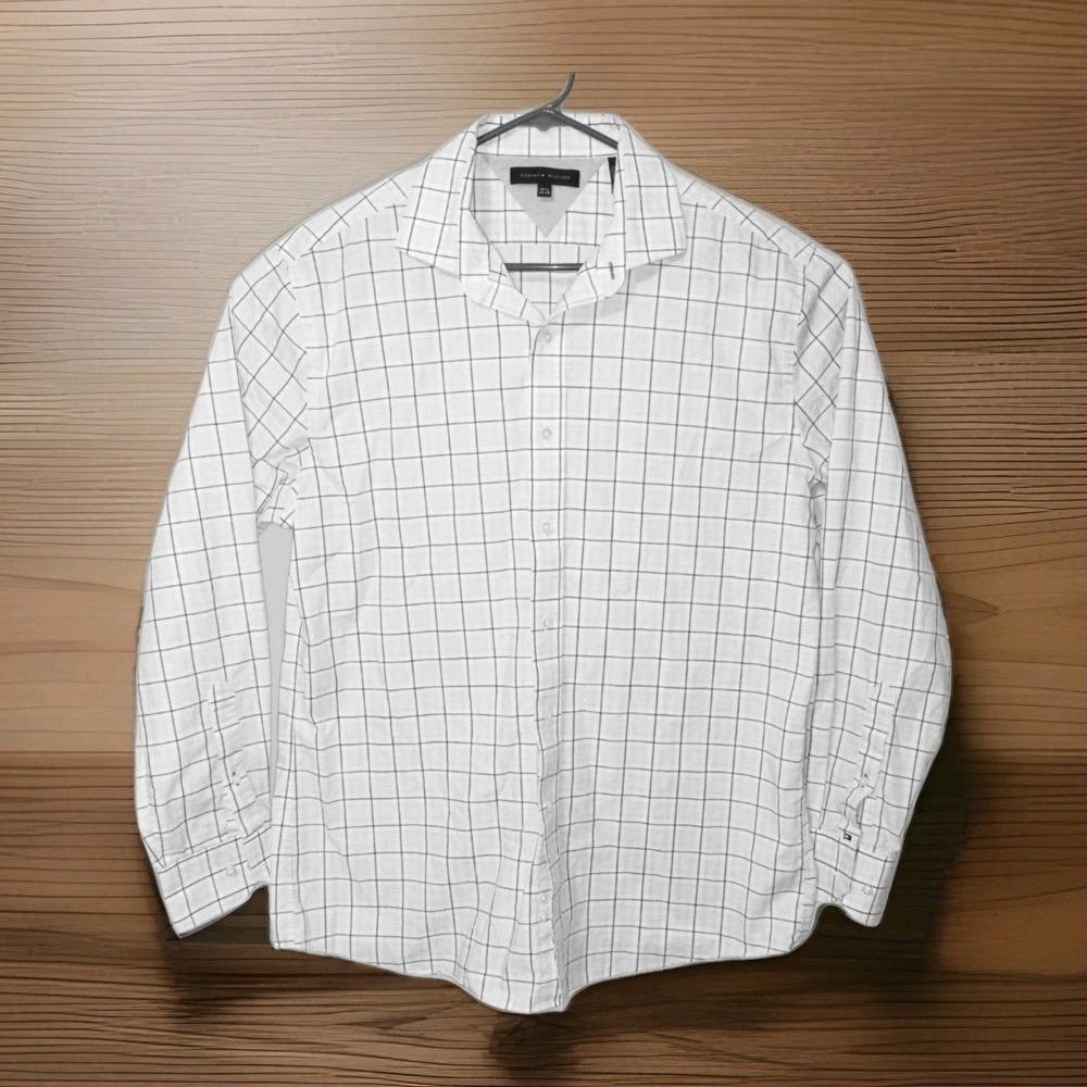 Tommy Hilfiger Button Down Mens 16.5 34-35 White Blue Yellow Plaid Shirt